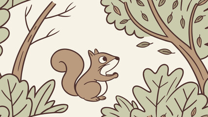Abstract floral and nature-inspired vector illustration featuring a whimsical cartoon baby squirrel  with decorative tree branches, leaves, and flowers, perfect for spring or jungle-themed designs
