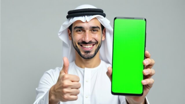 young arabian muslim bearded man wearing national clothes, smiling looking at camera and showing empty green screen mobile phone on white light grey background. mockup for advertising