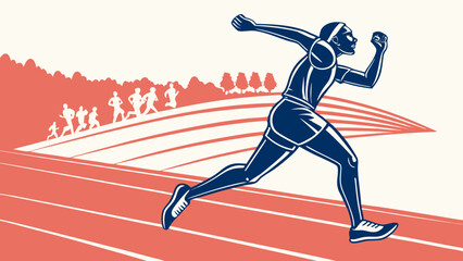 Illustration of a runner in motion on a track with other runners and trees in the background scenery view