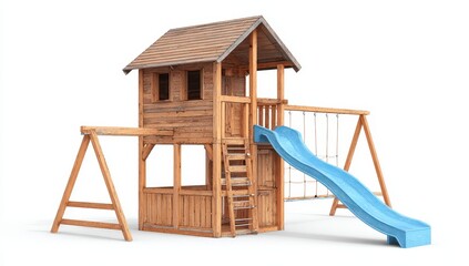 Wooden playset with elevated platform, ladder, slide, and swings, set against a white background