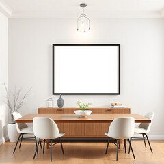 frame mockup for wall art in modern dining room with textured plaster wall in pastel tones showcasing mid-century style and A2 landscape format perfect for showcasing art prints and designs