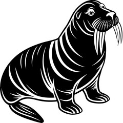Stylized black and white illustration of a walrus with large tusks