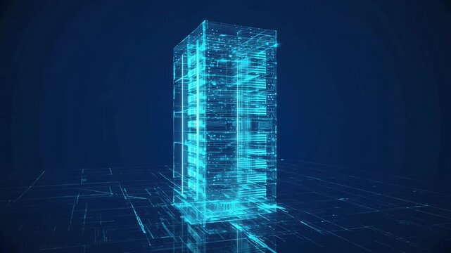 Futuristic Digital Server Tower or Data Center Hologram with Glowing Blue Grid and High-Tech Virtual Background