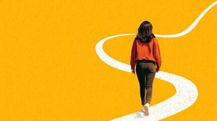 Person walking a winding path on a vivid yellow surface.