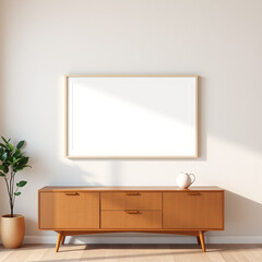 frame mockup for wall art in dining room showcasing mid-century modern style with textured plaster wall in pastel tones ideal for interior design inspiration artistic display and home decor 3d render