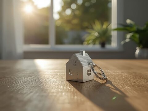 House key chain resting on a wooden table with a sunlit window and a plant in the background.