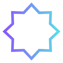 A geometric star shape outline in gradient colors clipart on transparent background with an open center. Eight-pointed star outline clipart