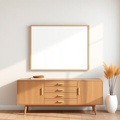 frame mockup for wall art in dining room interior with textured plaster walls in pastel tones showcasing mid-century modern design trends a2 landscape 3d rendering of stylish home decor