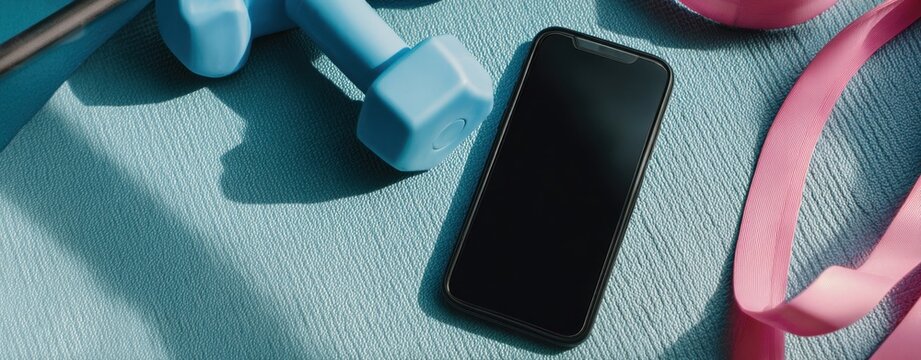 The smartphone surrounded by fitness equipment on a vibrant workout mat.
