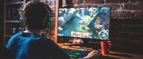 Obraz premium The gamer immersed in virtual battles on a high-resolution screen.