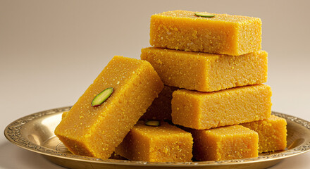 Indian sweet bar made from gram flour and sugar, garnished with pistachio slice, stacked on decorative brass plate, evoking festive and traditional celebration