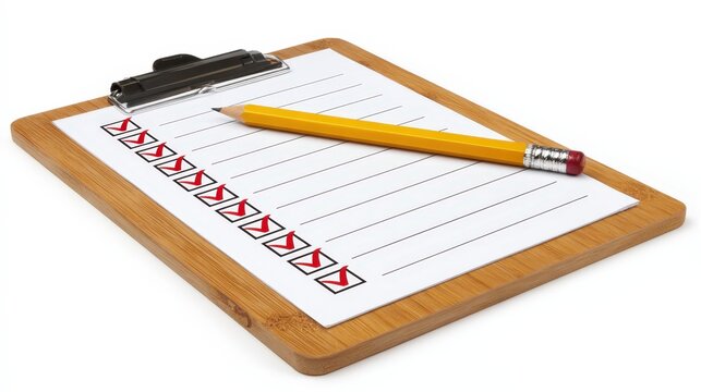 Wooden clipboard with checklist and pencil.