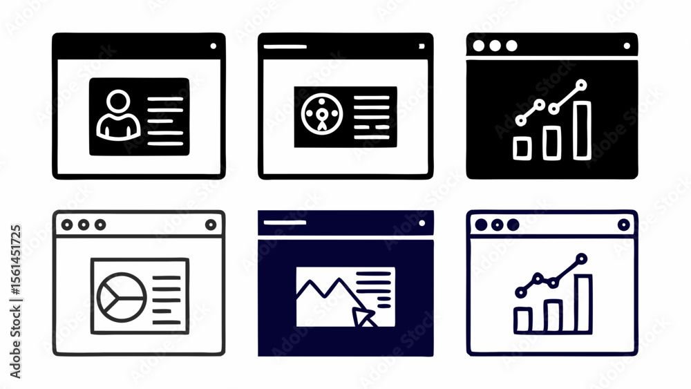 Poster set of six hand drawn web browser windows with data charts and user profile icons isolated on white 