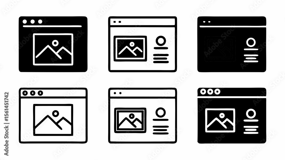 Fototapete Set of six website interface icons with image and text elements isolated on white background