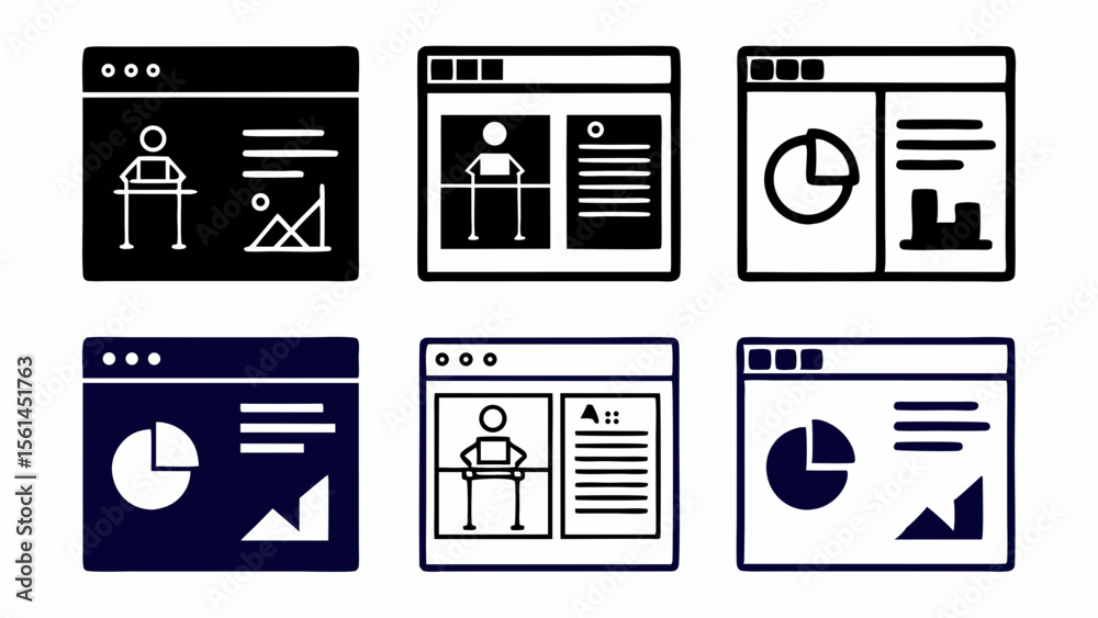 Poster set of six simple dashboard icons representing data analysis and user interface elements isolated on