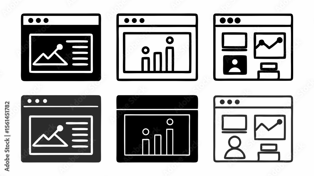 Poster set of six dashboard interface icons representing data analytics and user profiles isolated on white