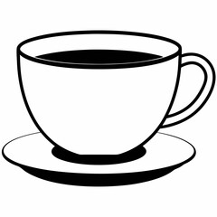 Stylized black and white line art illustration of a coffee cup and saucer