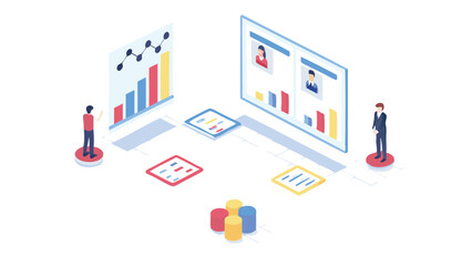 Obraz premium Isometric office scene with data charts and people analyzing business information shown on screens