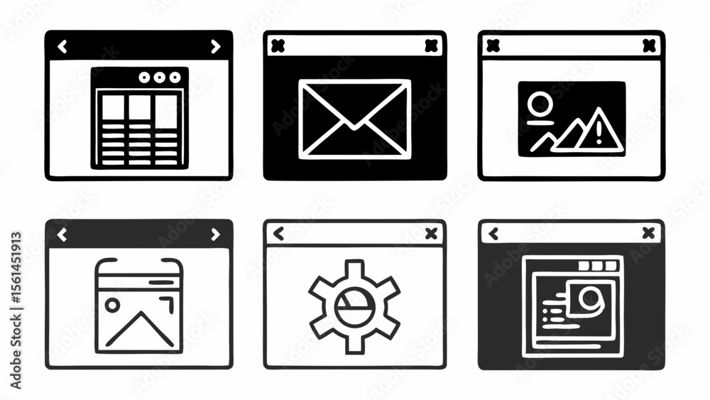 Poster collection of six hand drawn computer window icons representing different functions isolated on whit