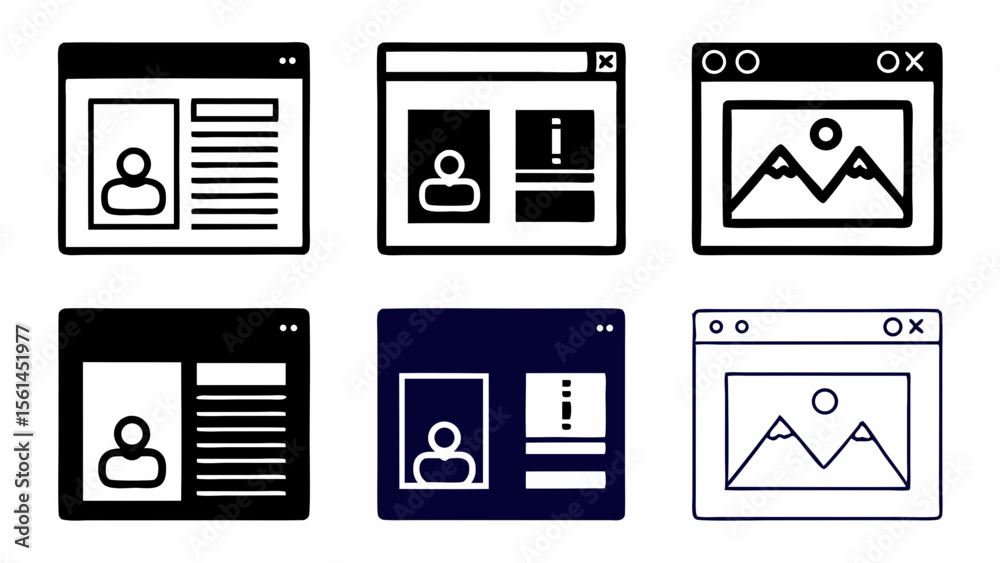 Poster collection of hand drawn web page interface icons with user profile and image display isolated on wh