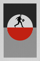Banner vertical art collage of happy businessman walk ball career promotion geometric figure...