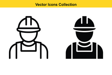 Two simple vector icons of a construction worker with hard hat and overalls