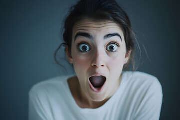 Surprised woman with wide eyes and open mouth on blue background