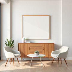 frame mockup for wall art in a dining room modern design featuring an empty canvas on textured plaster wall in pastel tones ideal for showcasing artwork or prints mid-century style aesthetic interior 