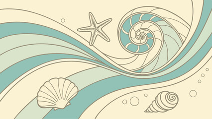 Illustration of seashells starfish and nautilus shell on a wavy background with small bubbles design