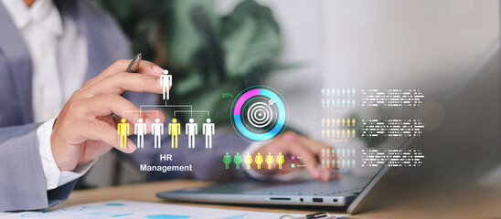 HR management interface, employee structure chart, and team analytics dashboard. Concept of...