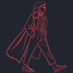 Fototapeta premium Fashionable woman in coat and beret walking with hands in pockets in red outline on dark background