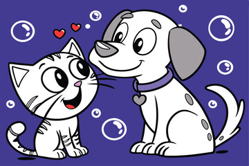 Adorable cartoon cat and dog best friends sharing a happy moment together