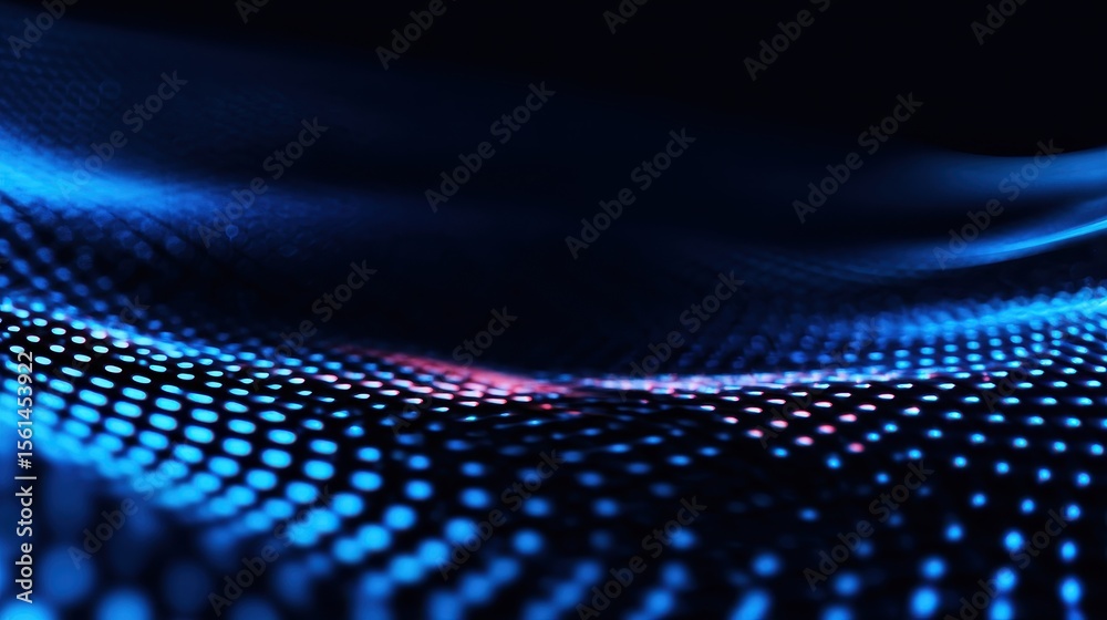 Poster abstract digital wave pattern with blue and red dots creating a flowing design in darkness