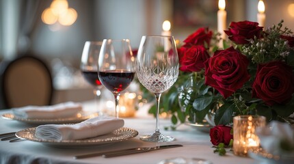 Fototapeta premium A Romantic Dinner with Red Wine, Candles, and a Bouquet of Roses on an Elegantly Set Table, Creating an Atmosphere of Warmth, Celebration, and Intimate Connection