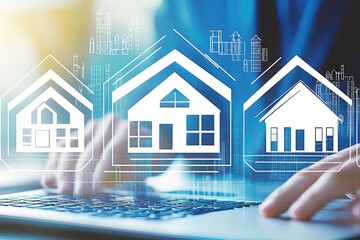 Person using laptop with digital house icons overlay