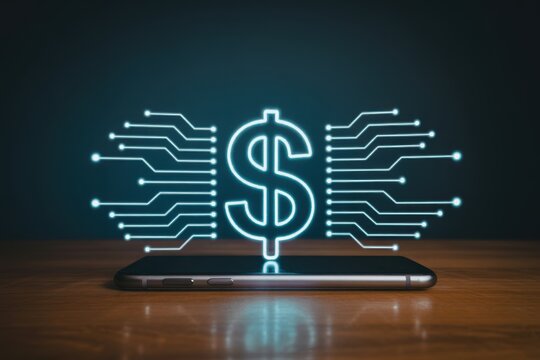 A glowing dollar sign hovers above a mobile phone, connected by digital circuit lines, signifying online transactions.