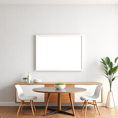 blank canvas mockup in a modern dining room aesthetic showcase your art in a serene pastel environment featuring textured plaster walls elegant mid century design and stylish frame for wall decor disp