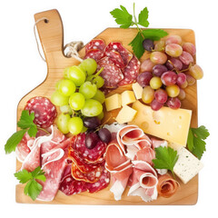 Delicious italian antipasto platter with salami prosciutto cheese and grapes isolated on transparent background