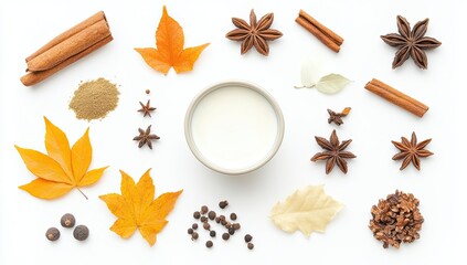 Autumnal spice ingredients arranged on white background. A small bowl of milk sits in the center, surrounded by cinnamon sticks, star anise, dried leaves, and various spices