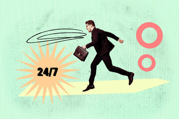 Creative banner image collage of young business entrepreneur guy girl 24 7 workaholic improvement...