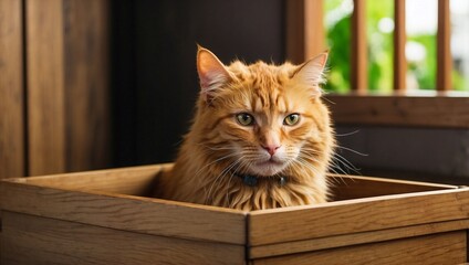 Ginger Cat Peeks From Wooden Box
