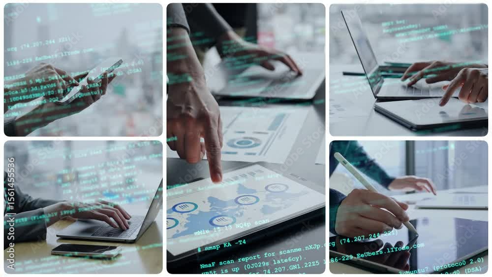 Poster Collage footage of various digital device usage scenes and digital technology concept