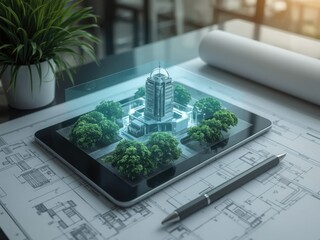 Architectural Visualization: Building design displayed on a tablet with surrounding landscape concept.