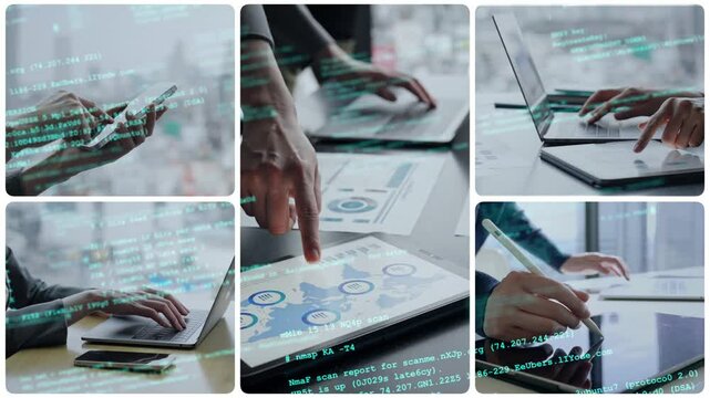 Collage footage of various digital device usage scenes and digital technology concept