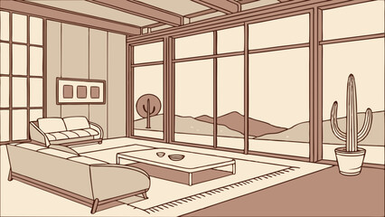 Illustration of a living room with sofas, a coffee table, large windows, and a cactus in a pot near the window