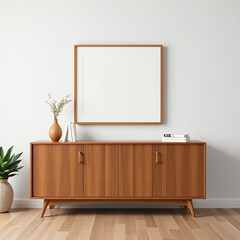 frame mockup in dining room modern interior design with textured pastel plaster wall art above buffet mid-century aesthetic iso a2 landscape 3d render contemporary style home decor inspiration