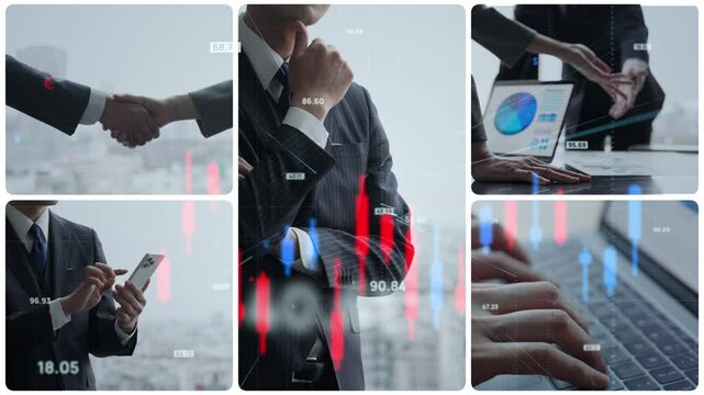 様々なビジネスシーンのコラージュ映像と金融テクノロジーのコンセプト