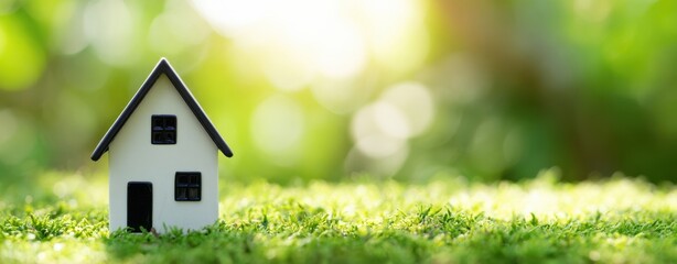 The miniature house surrounded by vibrant greenery and soft sunlight.
