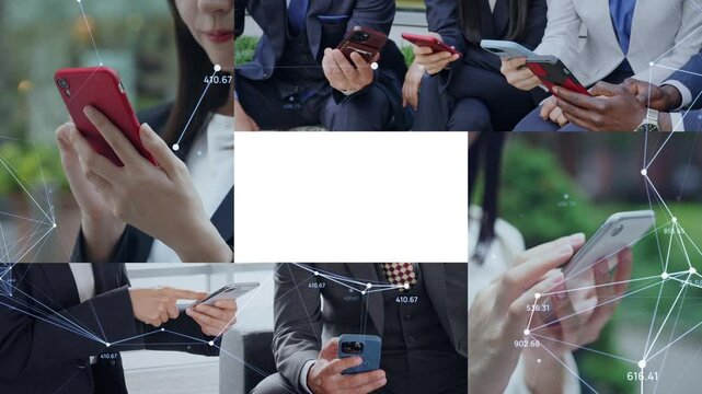 様々な人々がスマホを使うシーンのコラージュ映像と通信ネットワークのコンセプト - Powered by Adobe