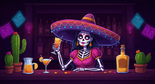 Day of Dead Skeleton Bartender in Sombrero Serving Drinks at Colorful Mexican Bar with Papel Picado Banners. Dia de Los Muertos Celebration with Festive Atmosphere